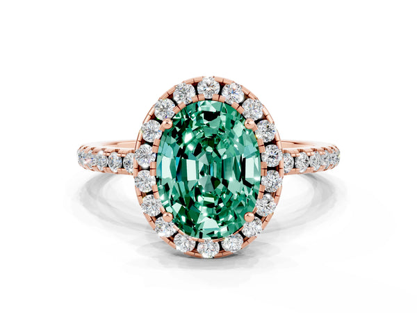 Rose gold Oval Cut Green Sapphire Halo Engagement Ring with Round Pavé Band and Prong Setting