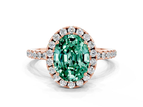 Rose gold Oval Cut Cut Diamond Floral Halo Engagement Ring with Pavé Band and Prong Setting