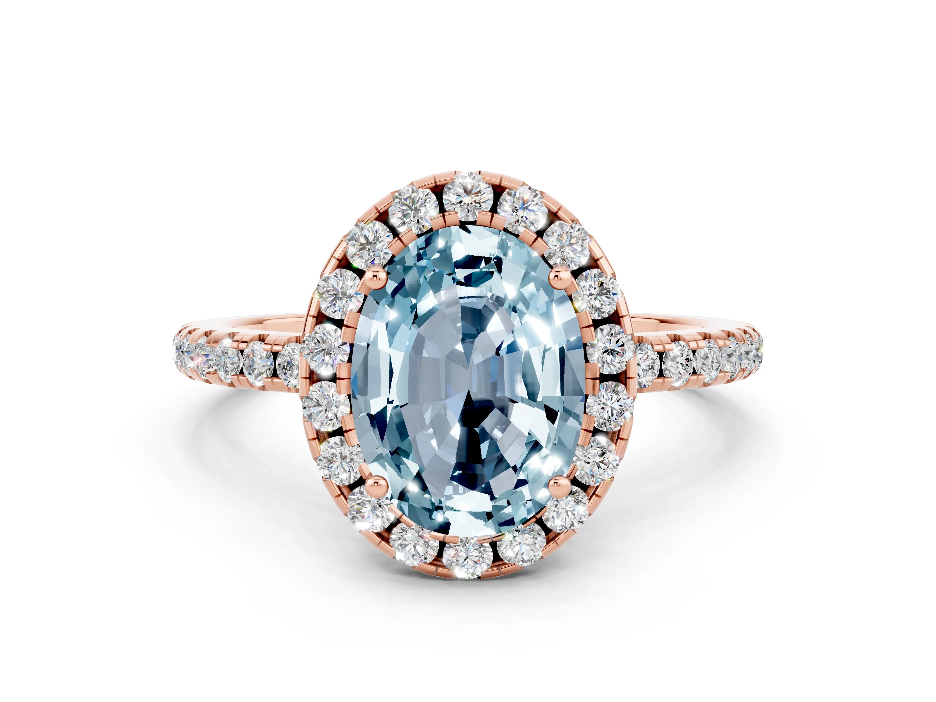 Rose gold Oval Cut Cut Diamond Floral Halo Engagement Ring with Pavé Band and Prong Setting