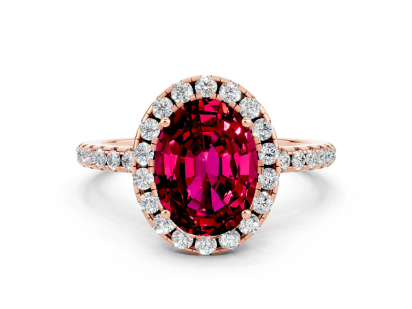 Rose gold Oval Cut Garnet Halo Engagement Ring with Round Pavé Band and Prong Setting