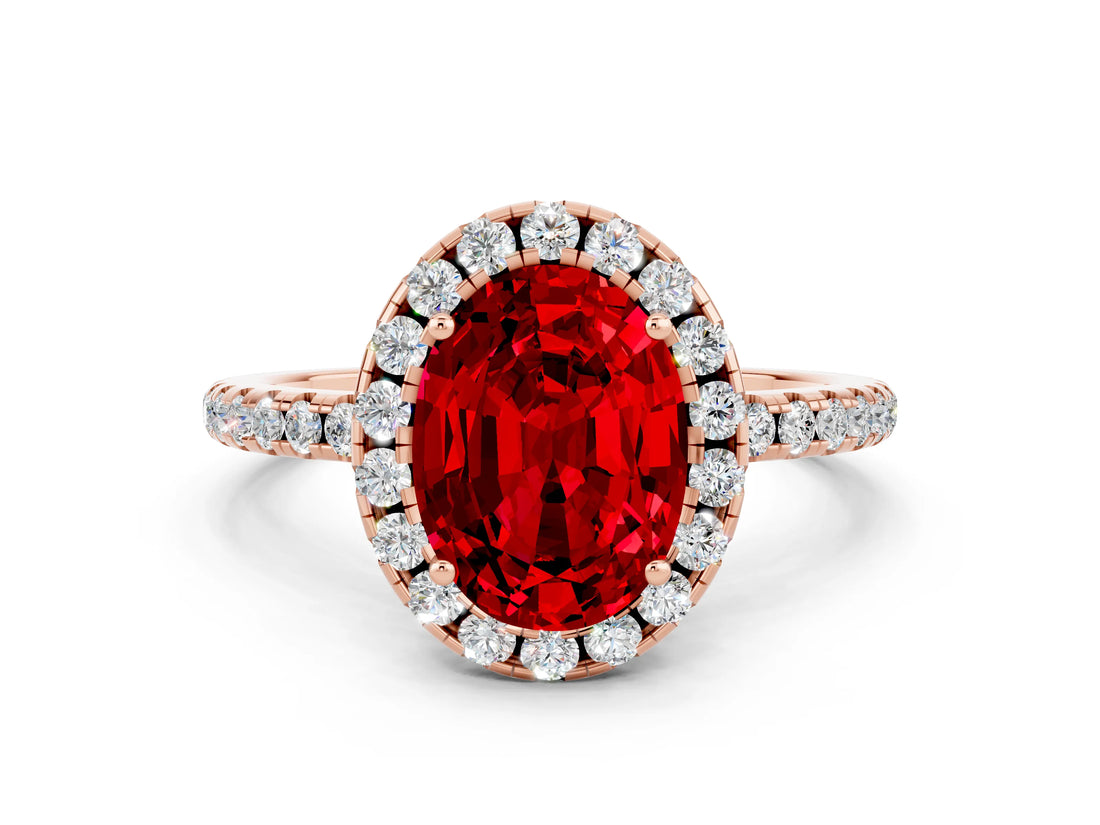 Rose gold Oval Cut Cut Diamond Floral Halo Engagement Ring with Pavé Band and Prong Setting