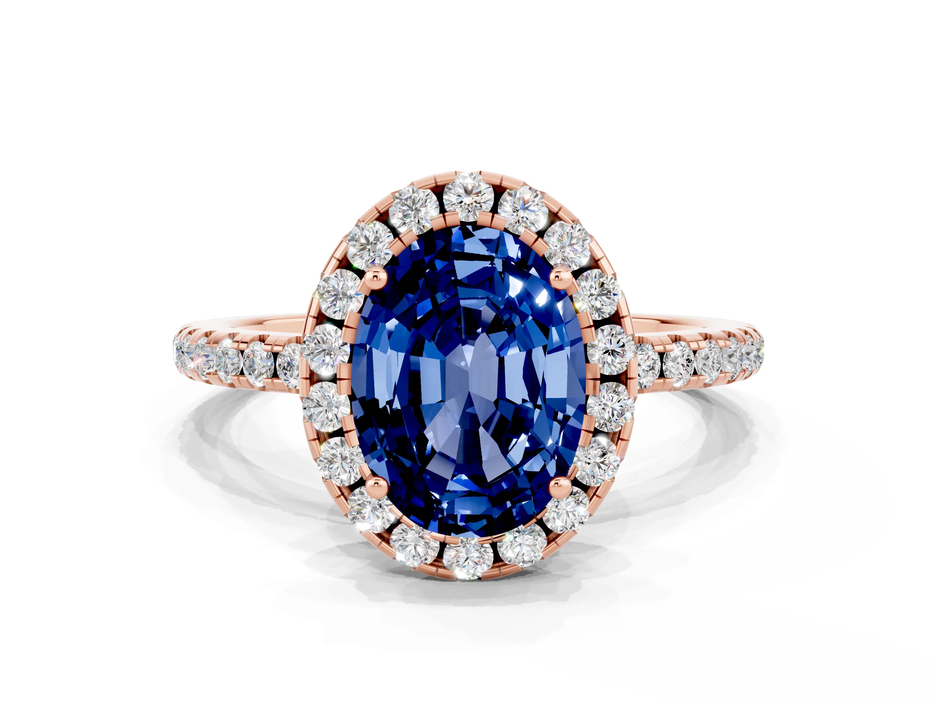 Rose gold Oval Cut Cut Diamond Floral Halo Engagement Ring with Pavé Band and Prong Setting