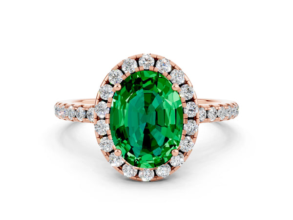 Rose gold Oval Cut Emerald Halo Engagement Ring with Round Pavé Band and Prong Setting