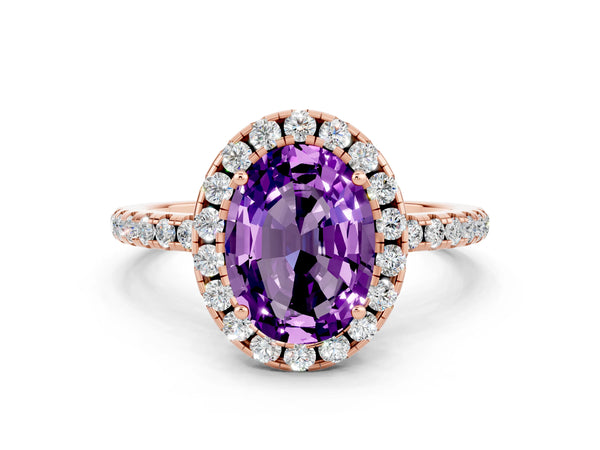 Rose gold Oval Cut Amethyst Halo Engagement Ring with Round Pavé Band and Prong Setting