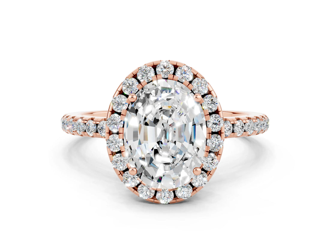 Rose gold Oval Cut Cut Diamond Floral Halo Engagement Ring with Pavé Band and Prong Setting