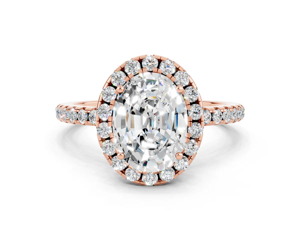 Rose gold Oval Cut Moissanite Halo Engagement Ring with Round Pavé Band and Prong Setting
