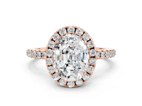 Rose gold Oval Cut Cut Diamond Floral Halo Engagement Ring with Pavé Band and Prong Setting