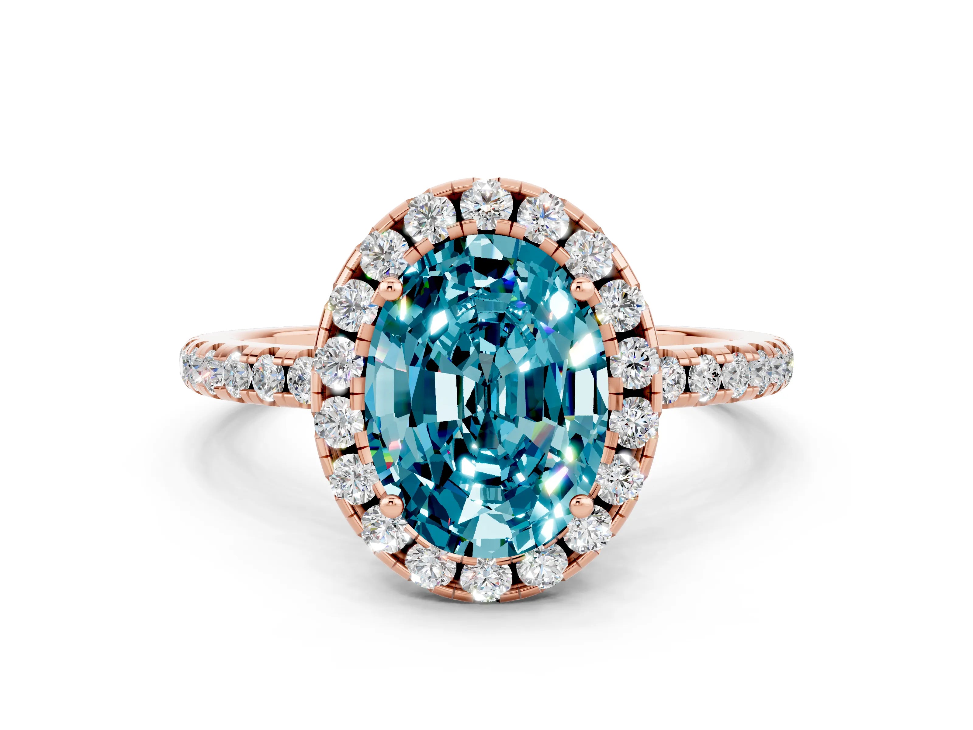 Rose gold Oval Cut Cut Diamond Floral Halo Engagement Ring with Pavé Band and Prong Setting