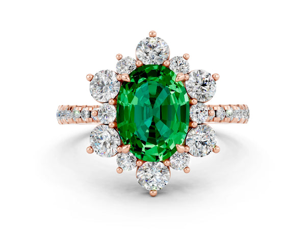 Rose gold Oval Cut Emerald Floral Halo Ring with Round Pavé Band and Prong Setting