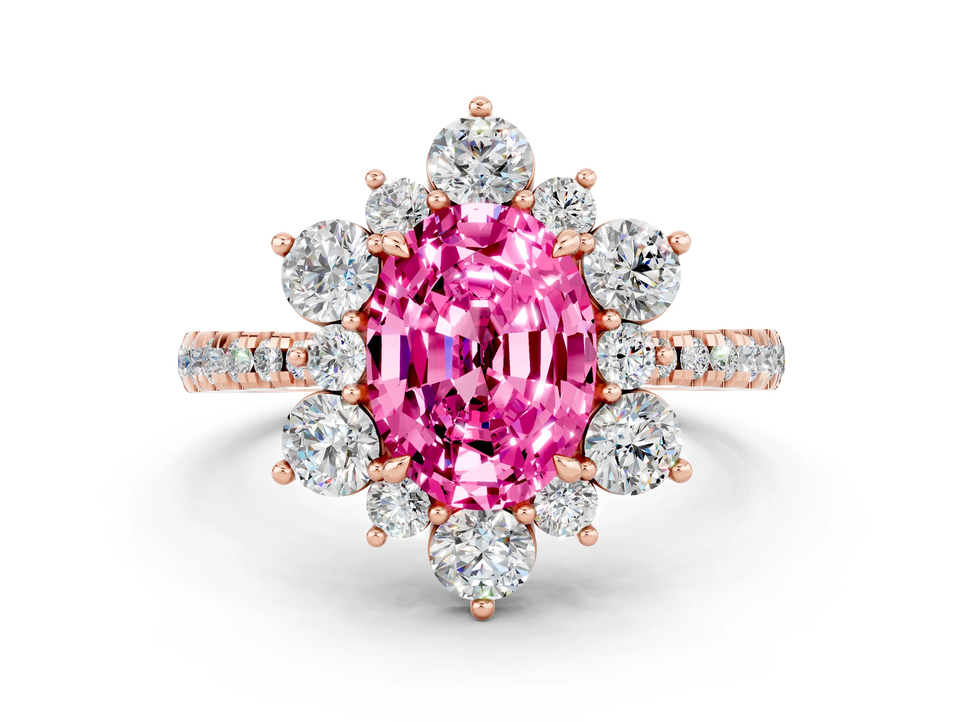 Rose gold Oval Cut Cut Diamond Floral Halo Pave Band with Prong Setting