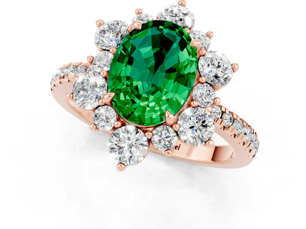Rose gold Oval Cut Emerald Floral Halo Ring with Round Pavé Band and Prong Setting