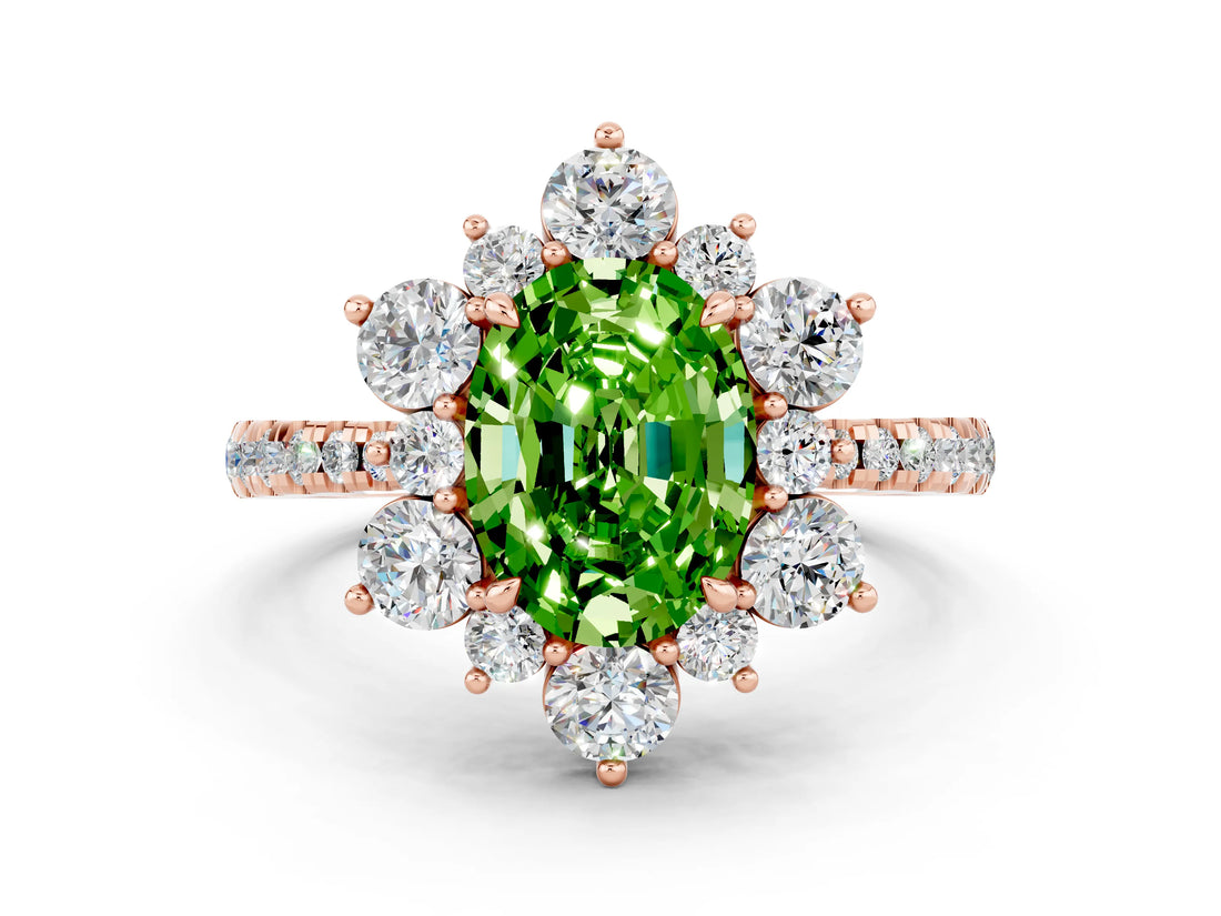Rose gold Oval Cut Cut Diamond Floral Halo Pave Band with Prong Setting