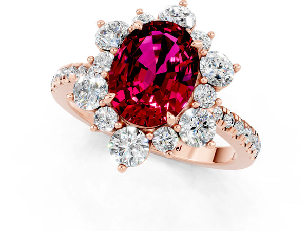 Rose gold Oval Cut Garnet Floral Halo Ring with Round Pavé Band and Prong Setting