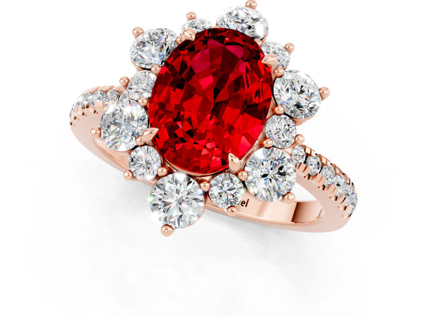 Rose gold Oval Cut Ruby Floral Halo Ring with Round Pavé Band and Prong Setting