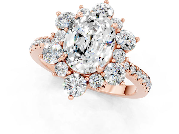 Rose gold Oval Cut Moissanite Floral Halo Ring with Round Pavé Band and Prong Setting