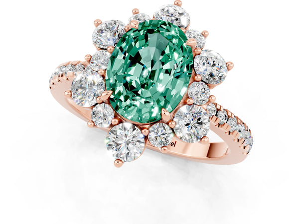 Rose gold Oval Cut Green Sapphire Floral Halo Ring with Round Pavé Band and Prong Setting