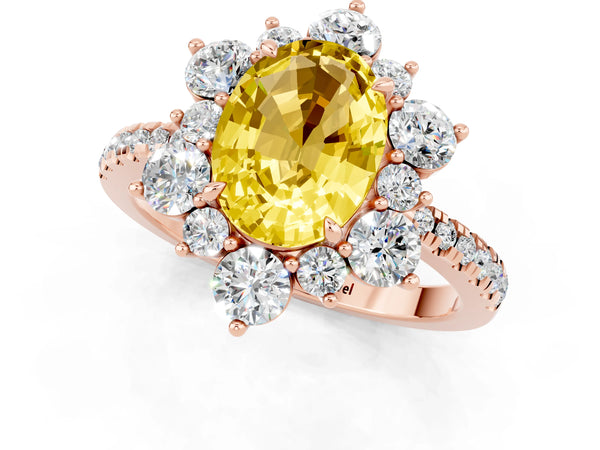Rose gold Oval Cut Yellow Sapphire Floral Halo Ring with Round Pavé Band and Prong Setting