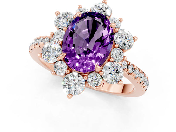 Rose gold Oval Cut Amethyst Floral Halo Ring with Round Pavé Band and Prong Setting