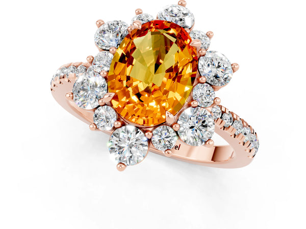 Rose gold Oval Cut Citrine Floral Halo Ring with Round Pavé Band and Prong Setting