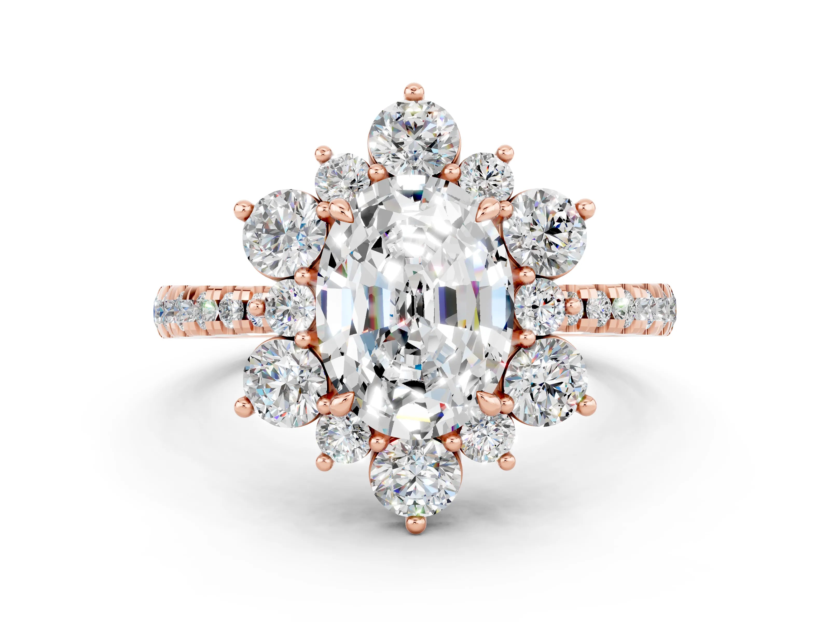 Rose gold Oval Cut Cut Diamond Floral Halo Pave Band with Prong Setting