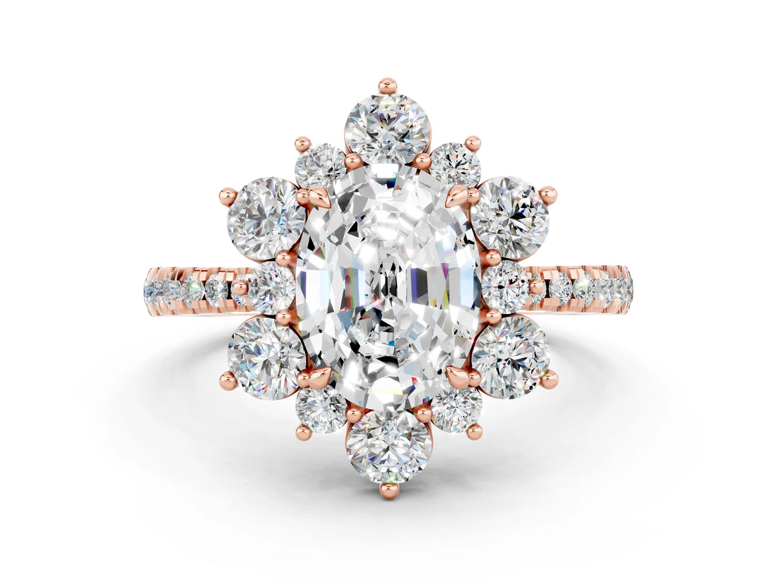 Rose gold Oval Cut Cut Diamond Floral Halo Pave Band with Prong Setting