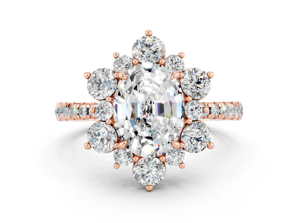 Rose gold Oval Cut Moissanite Floral Halo Ring with Round Pavé Band and Prong Setting