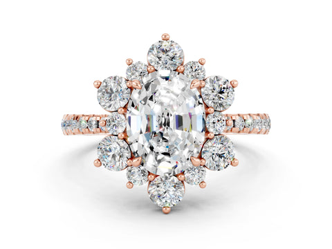 Rose gold Oval Cut Cut Diamond Floral Halo Pave Band with Prong Setting