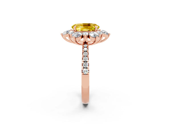 Rose gold Oval Cut Yellow Sapphire Floral Halo Ring with Round Pavé Band and Prong Setting