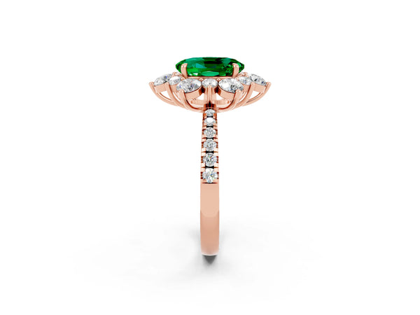 Rose gold Oval Cut Emerald Floral Halo Ring with Round Pavé Band and Prong Setting