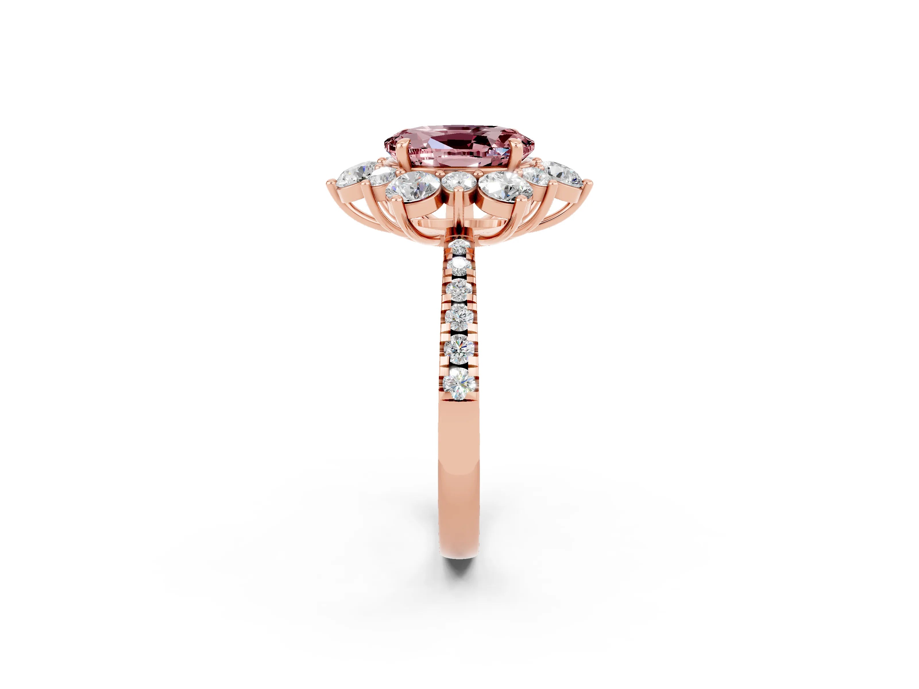 Rose gold Oval Cut Cut Diamond Floral Halo Pave Band with Prong Setting_2