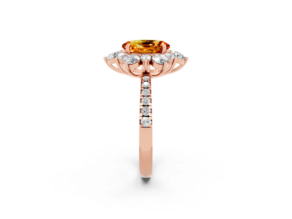 Rose gold Oval Cut Citrine Floral Halo Ring with Round Pavé Band and Prong Setting