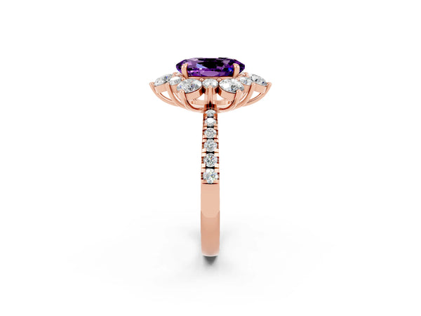 Rose gold Oval Cut Amethyst Floral Halo Ring with Round Pavé Band and Prong Setting