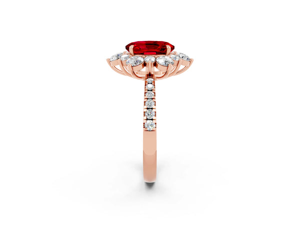 Rose gold Oval Cut Ruby Floral Halo Ring with Round Pavé Band and Prong Setting