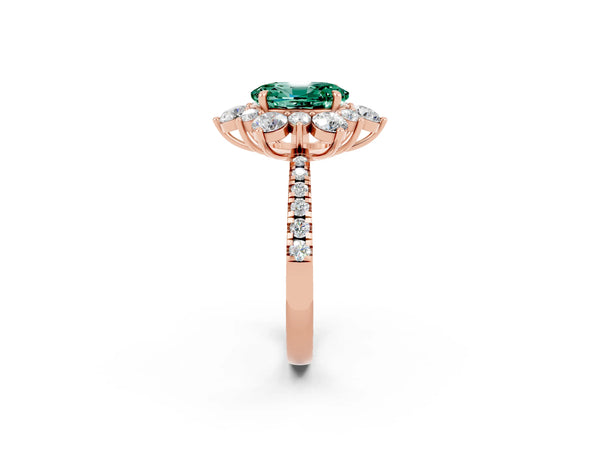 Rose gold Oval Cut Green Sapphire Floral Halo Ring with Round Pavé Band and Prong Setting