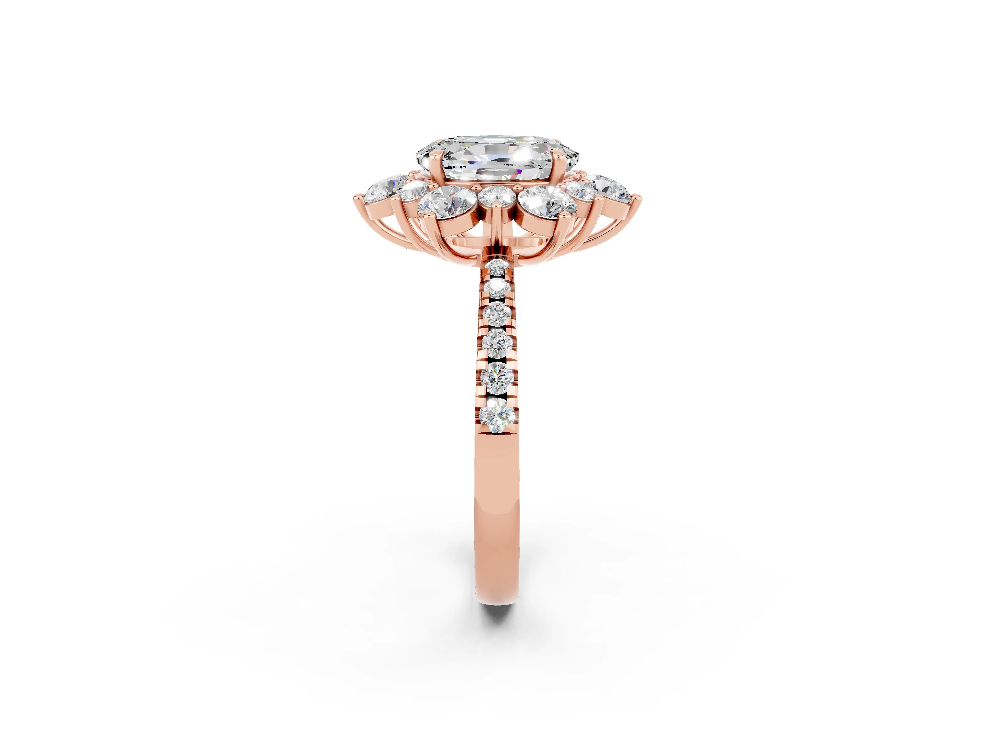 Rose gold Oval Cut Cut Diamond Floral Halo Pave Band with Prong Setting_2