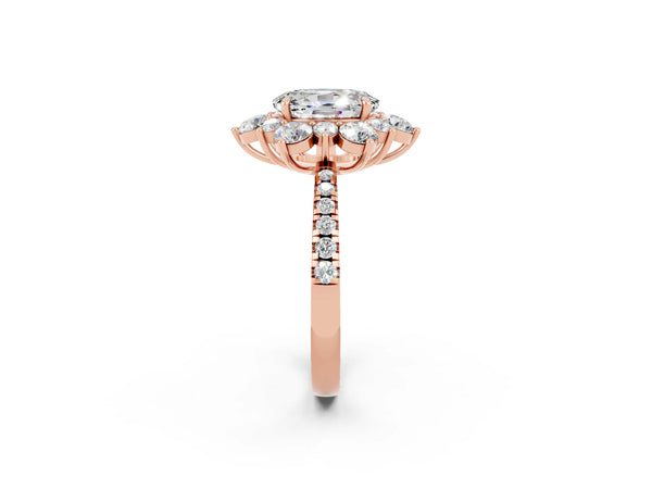 Rose gold Oval Cut Moissanite Floral Halo Ring with Round Pavé Band and Prong Setting