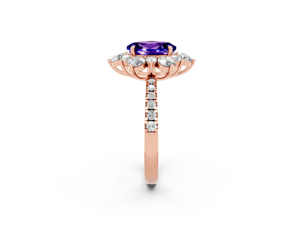Rose gold Oval Cut Tanzanite Floral Halo Ring with Round Pavé Band and Prong Setting
