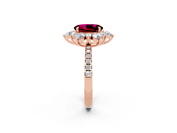 Rose gold Oval Cut Garnet Floral Halo Ring with Round Pavé Band and Prong Setting