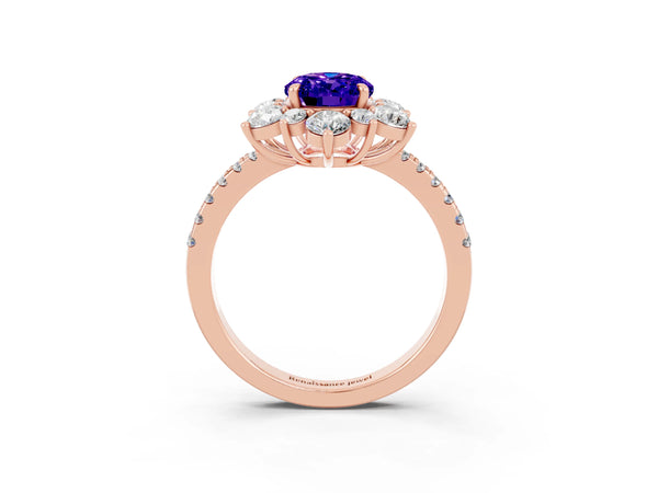 Rose gold Oval Cut Tanzanite Floral Halo Ring with Round Pavé Band and Prong Setting
