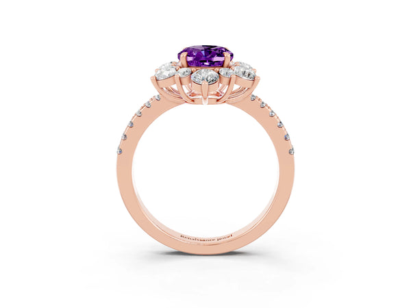 Rose gold Oval Cut Amethyst Floral Halo Ring with Round Pavé Band and Prong Setting