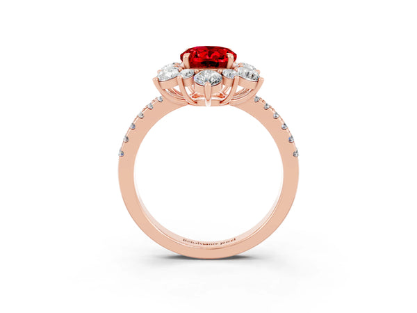 Rose gold Oval Cut Ruby Floral Halo Ring with Round Pavé Band and Prong Setting