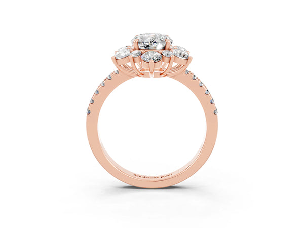 Rose gold Oval Cut Moissanite Floral Halo Ring with Round Pavé Band and Prong Setting
