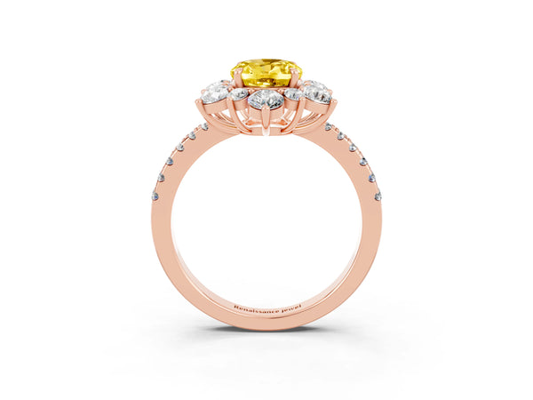 Rose gold Oval Cut Yellow Sapphire Floral Halo Ring with Round Pavé Band and Prong Setting