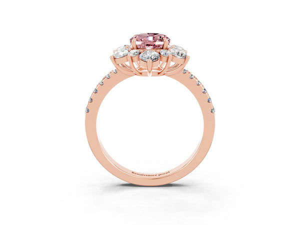 Rose gold Oval Cut Cut Diamond Floral Halo Pave Band with Prong Setting