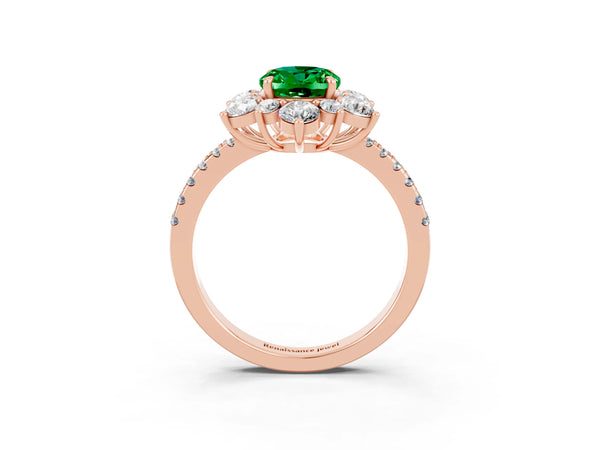 Rose gold Oval Cut Emerald Floral Halo Ring with Round Pavé Band and Prong Setting