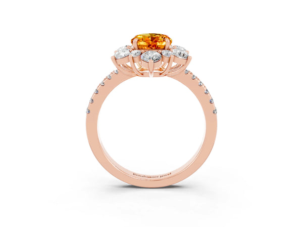 Rose gold Oval Cut Citrine Floral Halo Ring with Round Pavé Band and Prong Setting