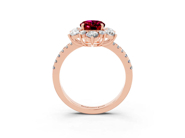 Rose gold Oval Cut Garnet Floral Halo Ring with Round Pavé Band and Prong Setting