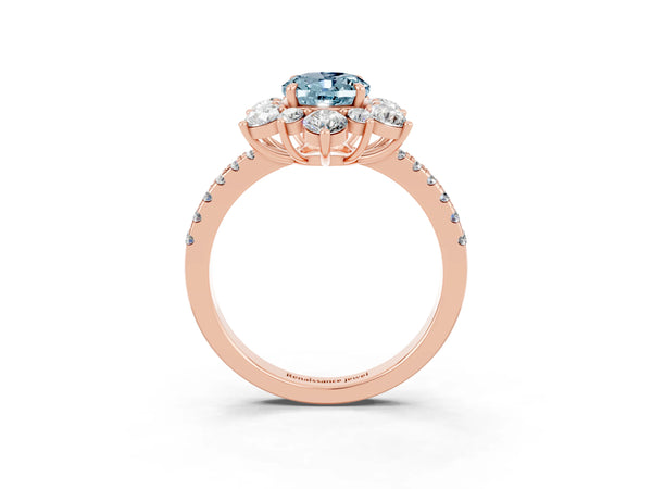 Rose Gold Oval Aquamarine Star Floral Halo Engagement Ring with Pave Band