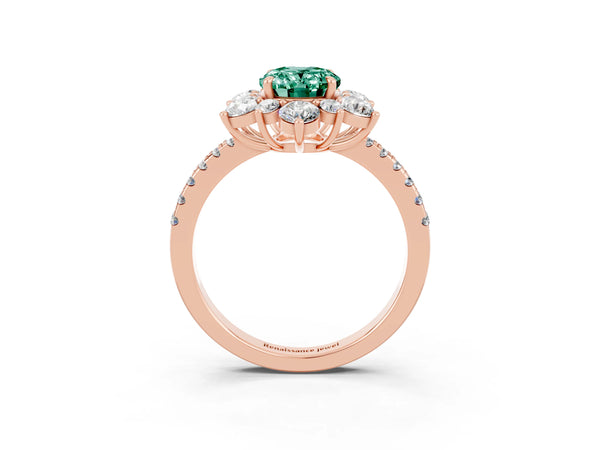 Rose gold Oval Cut Green Sapphire Floral Halo Ring with Round Pavé Band and Prong Setting