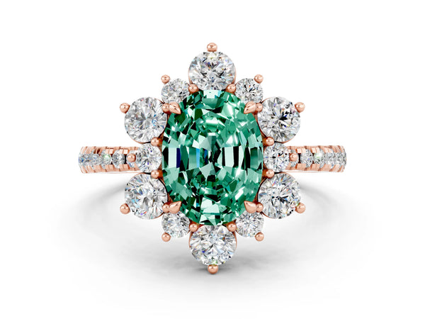Rose gold Oval Cut Green Sapphire Floral Halo Ring with Round Pavé Band and Prong Setting